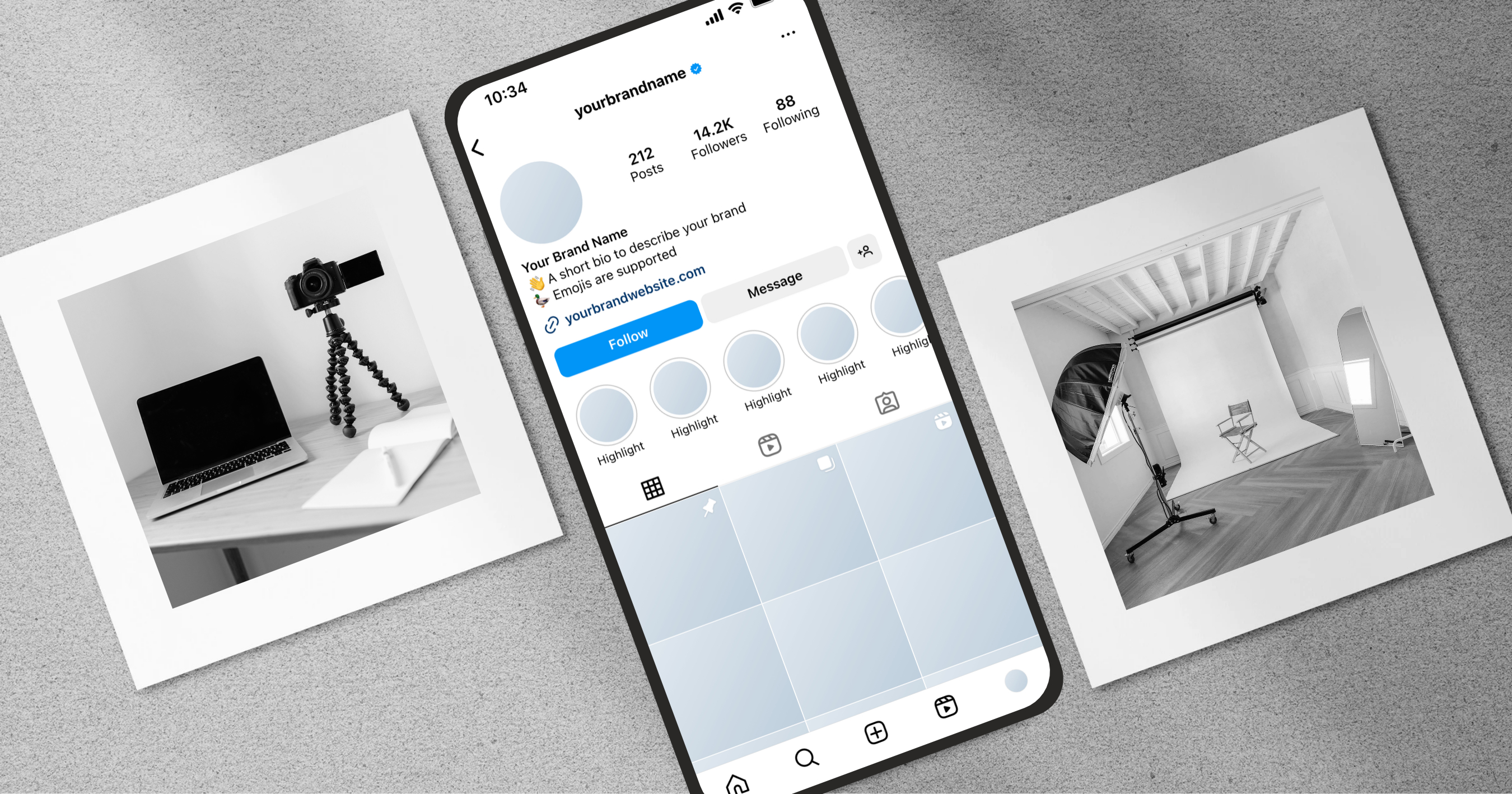 A phone showing an Instagram profile mockup, set between photos of a camera on a tripod at a desk and a photo studio with a backdrop and director's chair.